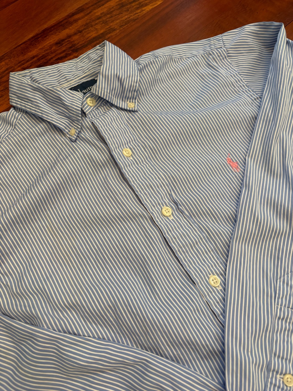 Vintage Ralph Lauren Light Blue & White Striped Button-Down Shirt with Pink Pony